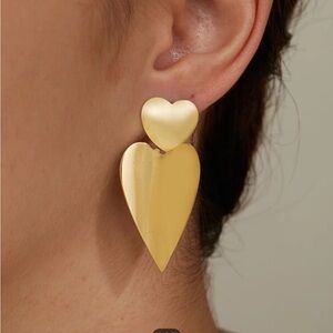 18k Gold Plated Stainless Steel Double Heart Dangle Earrings Lightweight Women